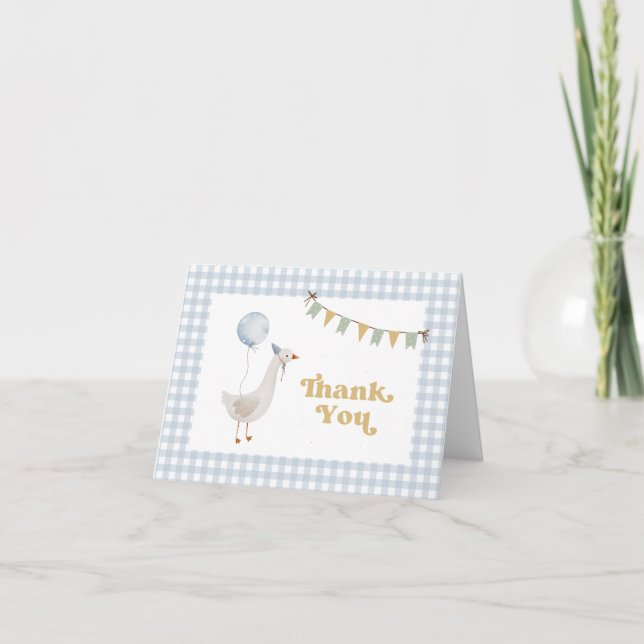 Blue Gingham Playful Goose Thank You Card (Front)