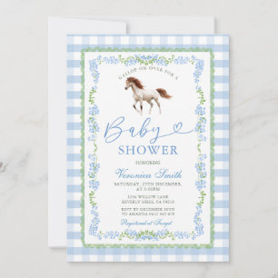 Blue Gingham Pony Baby Shower Invitation