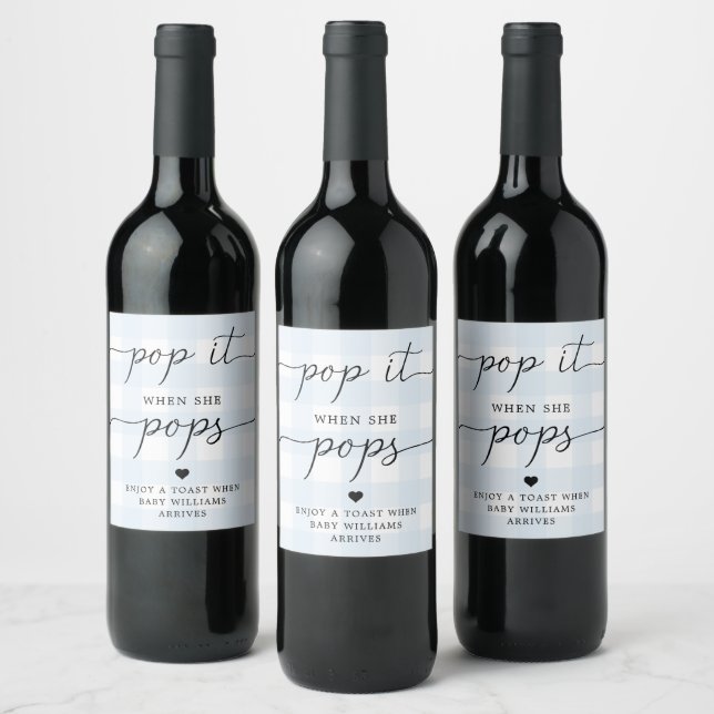 Blue Gingham Pop It When She Pops Favour Wine Labe Label (Bottles)