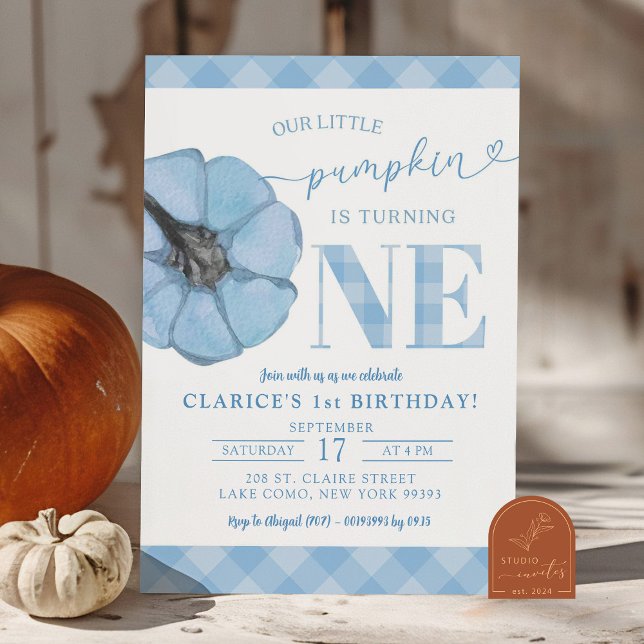 Blue Gingham Preppy Pumpkin Boy 1st Birthday Invitation (Creator Uploaded)