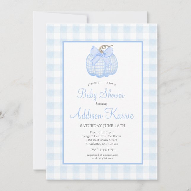 Blue Gingham Pumpkin Baby Shower Invitation (Front)