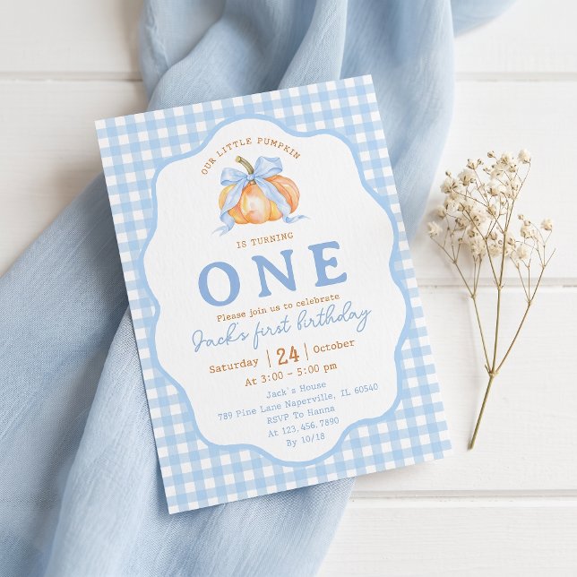 Blue Gingham Pumpkin First Birthday Invitation (Creator Uploaded)