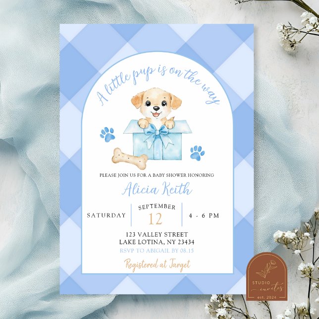 Blue Gingham Puppy Baby Shower Invitation (Creator Uploaded)