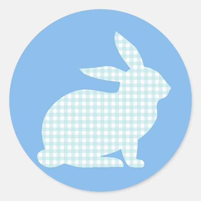 Blue Gingham Rabbit Classic Round Sticker (Front)