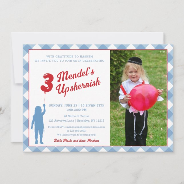 Blue Gingham Red Balloon Upsherin Photo Invitation (Front)