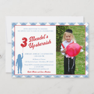 Blue Gingham Red Balloon Upsherin Photo Invitation
