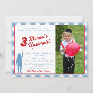 Blue Gingham Red Balloon Upsherin Photo Invitation