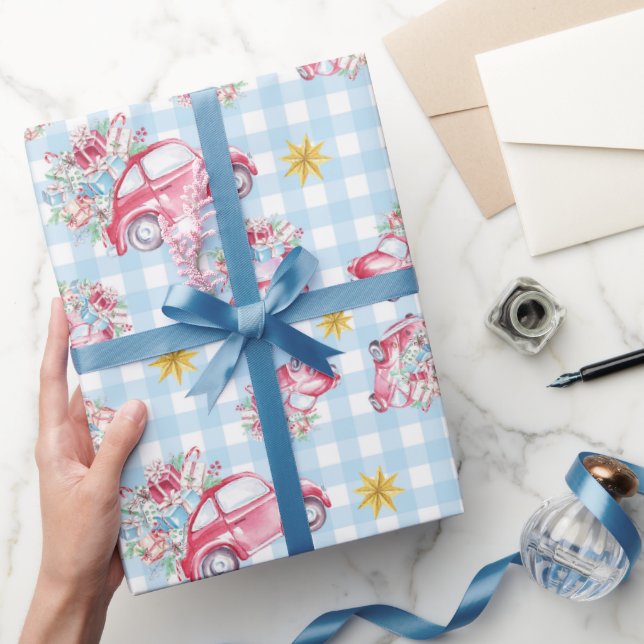 Blue Gingham Red Christmas Vintage Cars Wrapping Paper (Gifting)