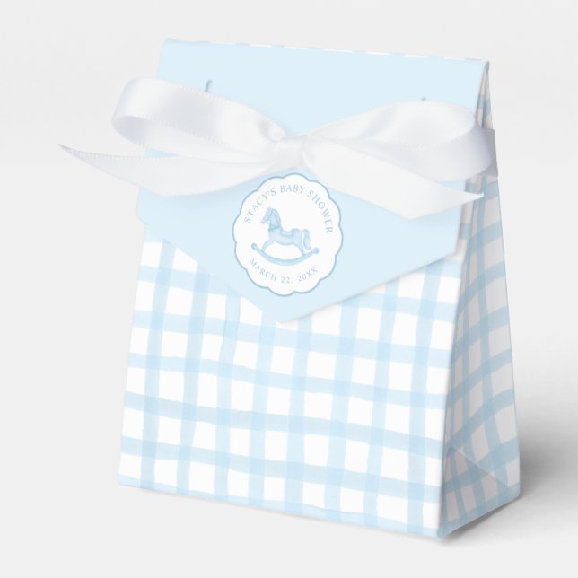 Blue Gingham Rocking Horse Baby Favour Bag Favour Box (Front Side)