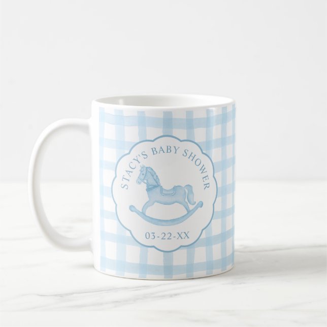 Blue Gingham Rocking Horse Baby Shower Coffee Mug (Left)