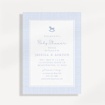 Blue Gingham, Rocking Horse, Baby Shower Invite