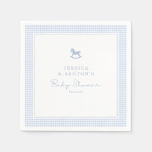 Blue Gingham Rocking Horse Baby Shower Napkin