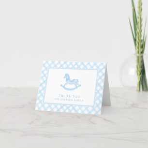 Blue Gingham Rocking Horse Baby Thank You Card
