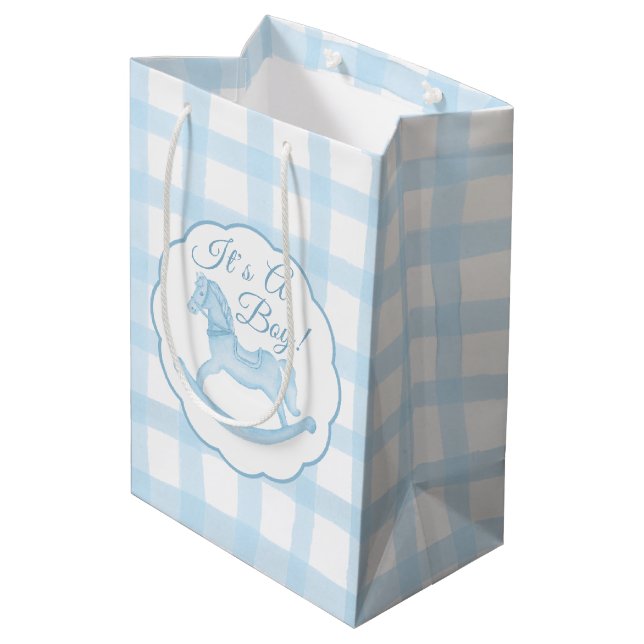 Blue Gingham Rocking Horse Boy Baby Gift Bag (Back Angled)