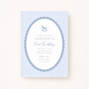 Blue Gingham Rocking Horse Boy Birthday Invitation