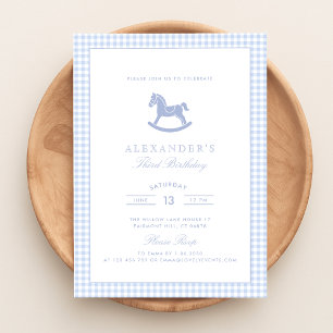 Blue Gingham Rocking Horse Boy Birthday Invitation