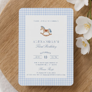 Blue Gingham  Rocking Horse boys Birthday   Invitation