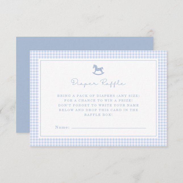 Blue Gingham Rocking Horse Diaper Raffle Card (Front/Back)
