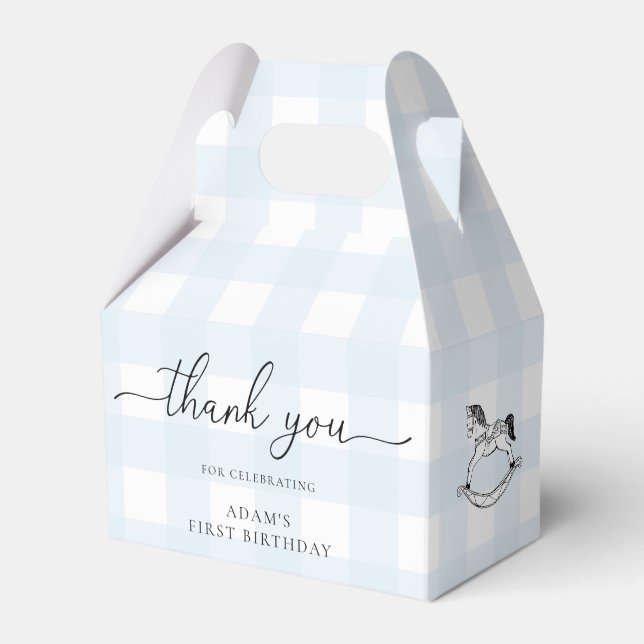 Blue Gingham Rocking Horse Thank You Favour Box (Front Side)