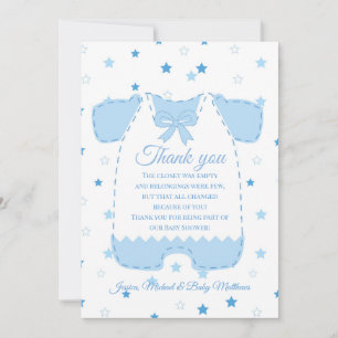 Blue Gingham Romper Stars Boy Baby Shower Thank You Card