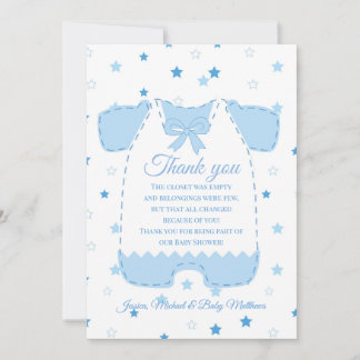 Blue Gingham Romper Stars Boy Baby Shower Thank You Card