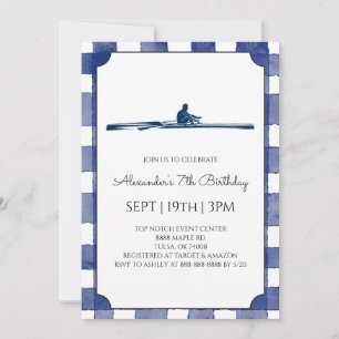 Blue Gingham Rowing Birthday Party Invitation