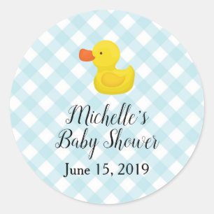 Blue Gingham Rubber Duckie Baby Shower Classic Round Sticker