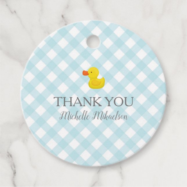 Blue Gingham Rubber Duckie Baby Shower Favour Tags (Front)