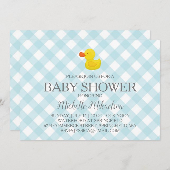 Blue Gingham Rubber Duckie Baby Shower Invitation (Front/Back)