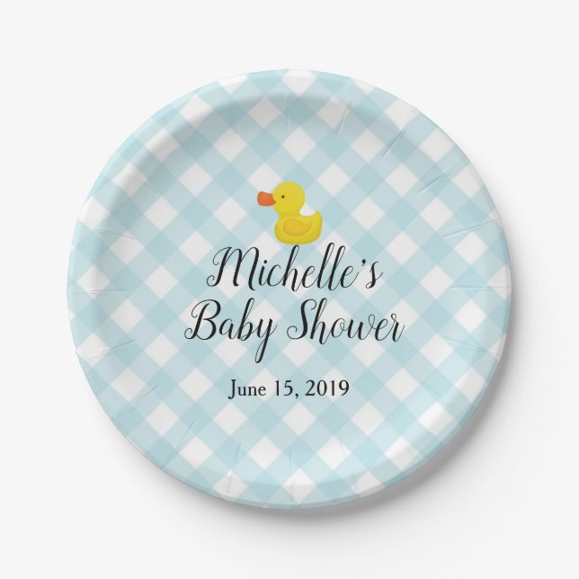 Blue Gingham Rubber Duckie Baby Shower Paper Plate (Front)