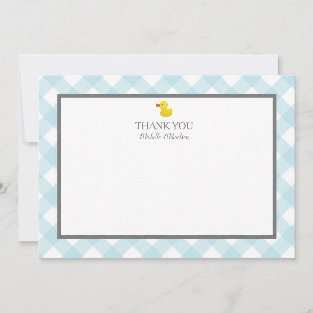 Blue Gingham Rubber Duckie Baby Shower Thank You Card (Front)