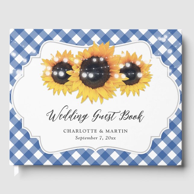 Blue Gingham Rustic Sunflower Floral Wedding Guest Book (Front)