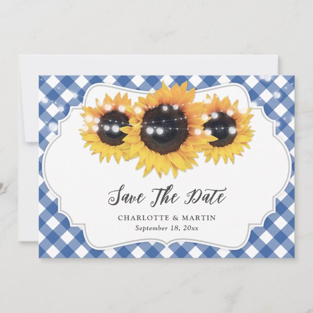 Blue Gingham Rustic Sunflower Wedding Photo Save The Date (Front)