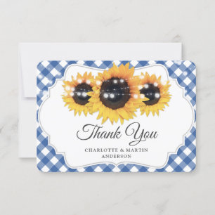 Blue Gingham Rustic Sunflower Wedding Thank You Card