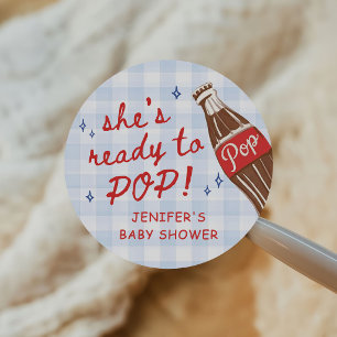 Blue Gingham She's Ready to Pop Baby Shower Classic Round Sticker