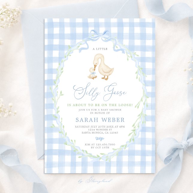Blue Gingham Silly Goose Baby Shower Invitation (Creator Uploaded)