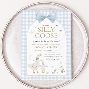 Blue Gingham Silly Goose Baby Shower Invitation