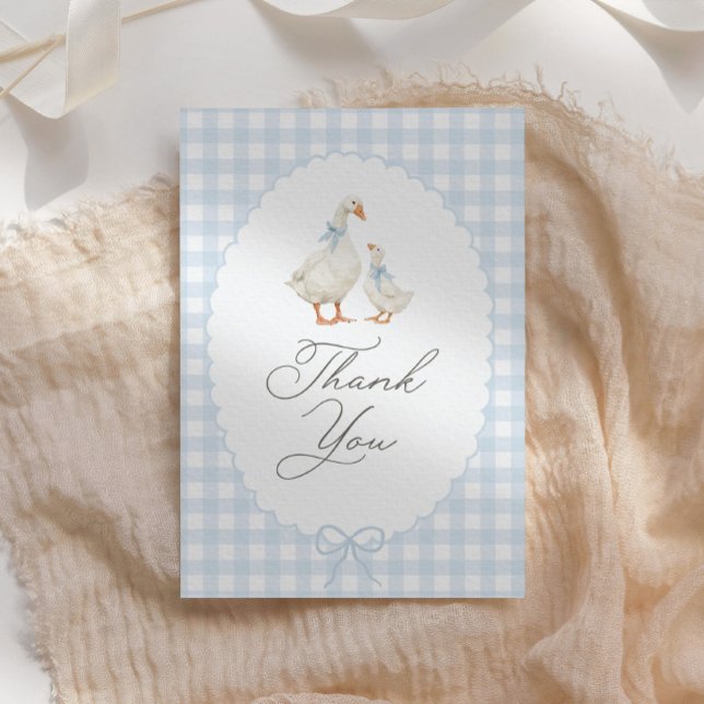 Blue Gingham Silly Goose Baby Shower Thank You Card (Creator Uploaded)