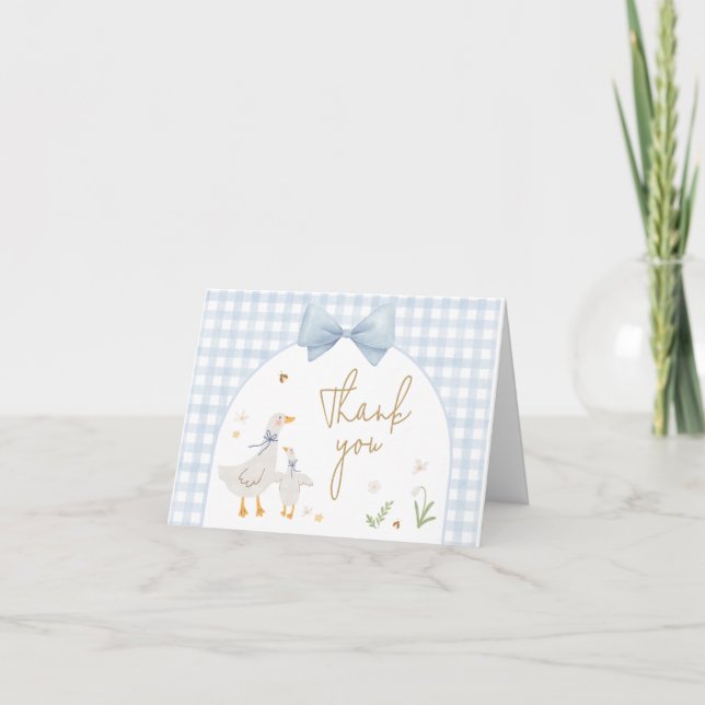 Blue Gingham Silly Goose Baby Shower Thank You Card (Front)