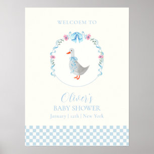 Blue Gingham Silly Goose Boy Baby Shower Welcome Poster