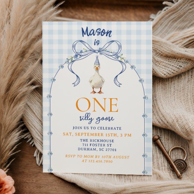 Blue Gingham Silly Goose First Birthday Cute Farm Invitation (Creator Uploaded)