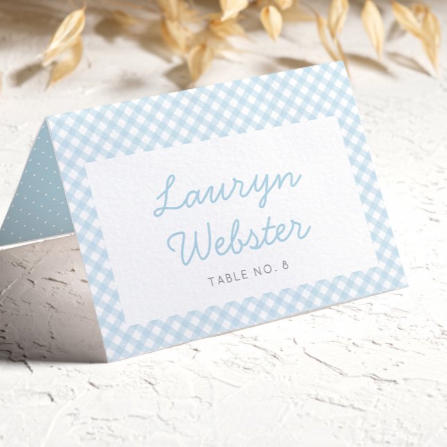 Blue gingham simple boy baby shower place card (Creator Uploaded)