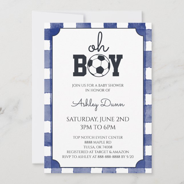 Blue Gingham Soccer Baby Shower Invitation (Front)