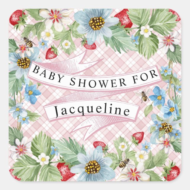  Blue Gingham Strawberry Berry Baby to Bee Shower Square Sticker (Front)