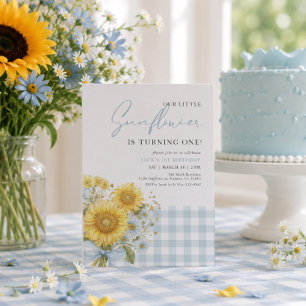 Blue Gingham Sunflower 1st Birthday Invitation