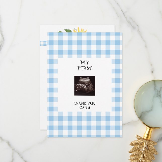 Blue Gingham Sunflower Funny Baby Shower Thank You Card (Front/Back In Situ)