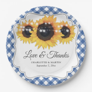 Blue Gingham Sunflower Love and Thanks Wedding Paper Plate