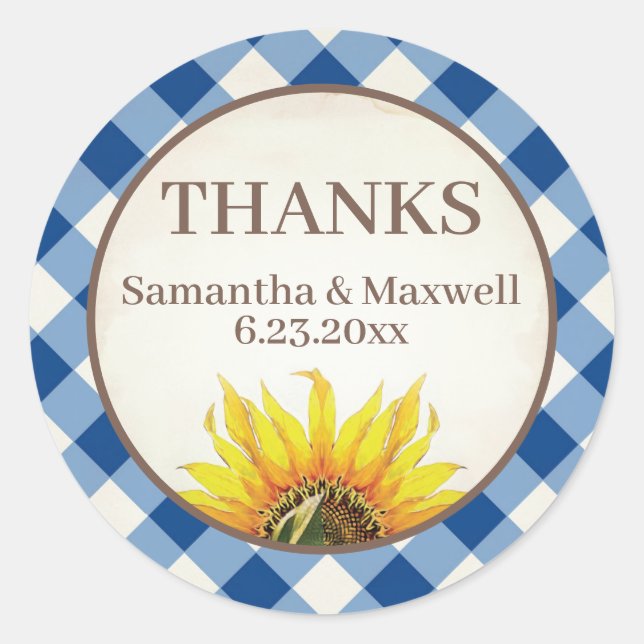 Blue Gingham Sunflower Thank You Classic Round Sticker (Front)