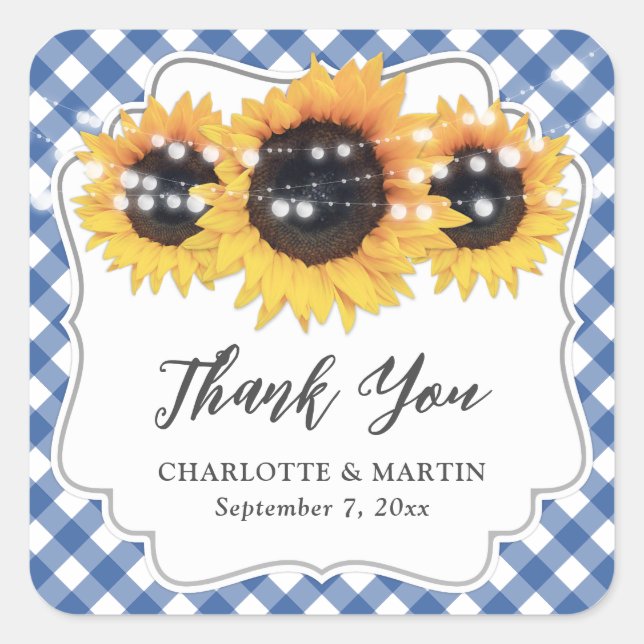 Blue Gingham Sunflower Wedding Thank You Square Sticker (Front)