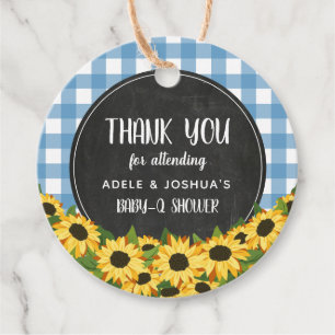 Blue Gingham & Sunflowers Baby-Q Shower Thank You Favour Tags